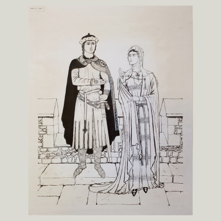Original drawing by Margot Hamilton Hill depicting fashions from the reign of Richard I, 1190