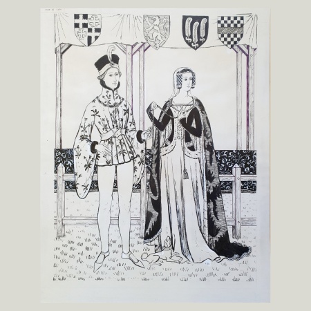 Original drawing by Margot Hamilton Hill depicting fashions from the reign of Richard II, 1380