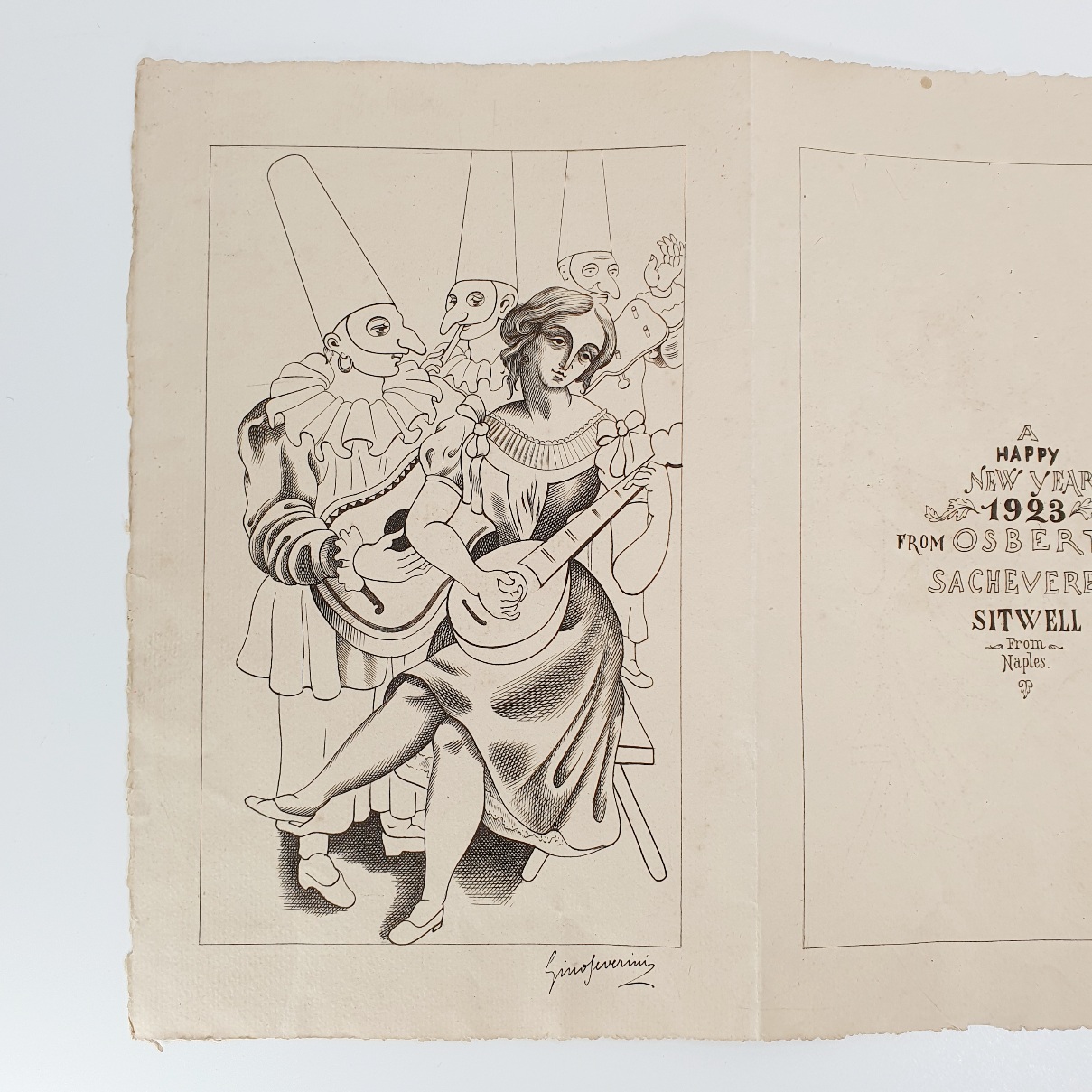 Pulcinella and Columbina. A New Year Card for 1923. Designed by Gino Severini for Osbert and Sacheverell Sitwell [Signed]