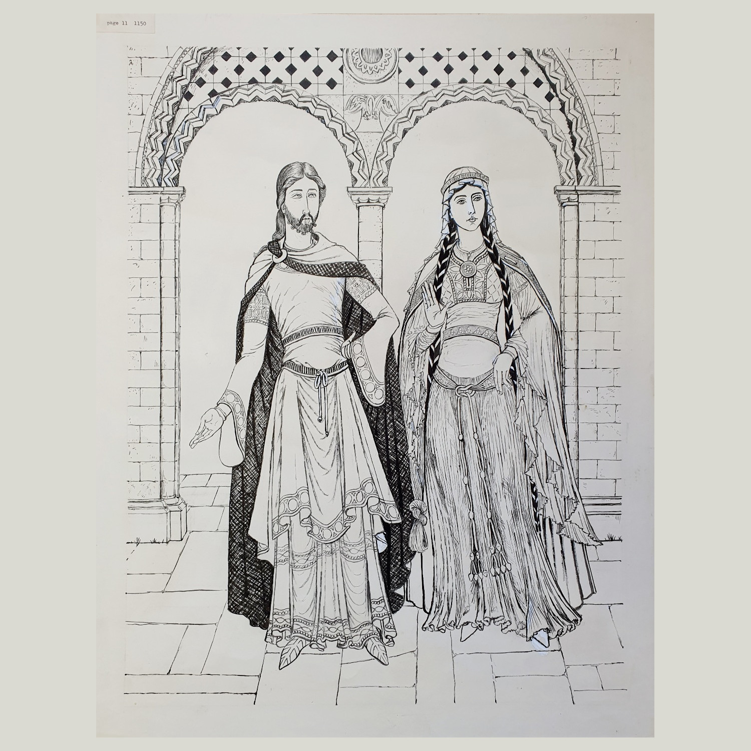 Original drawing by Margot Hamilton Hill depicting fashions from the reign of King Stephen, 1150