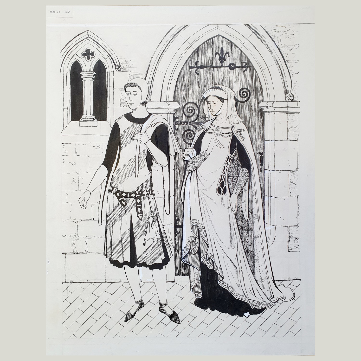 Original drawing by Margot Hamilton Hill depicting fashions from the reign of Henry III, 1260