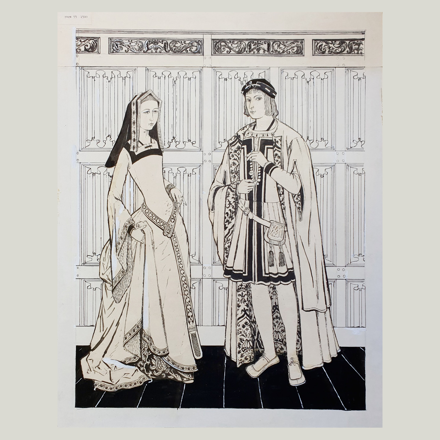 Original drawing by Margot Hamilton Hill depicting fashions from the reign of Henry VII, 1500