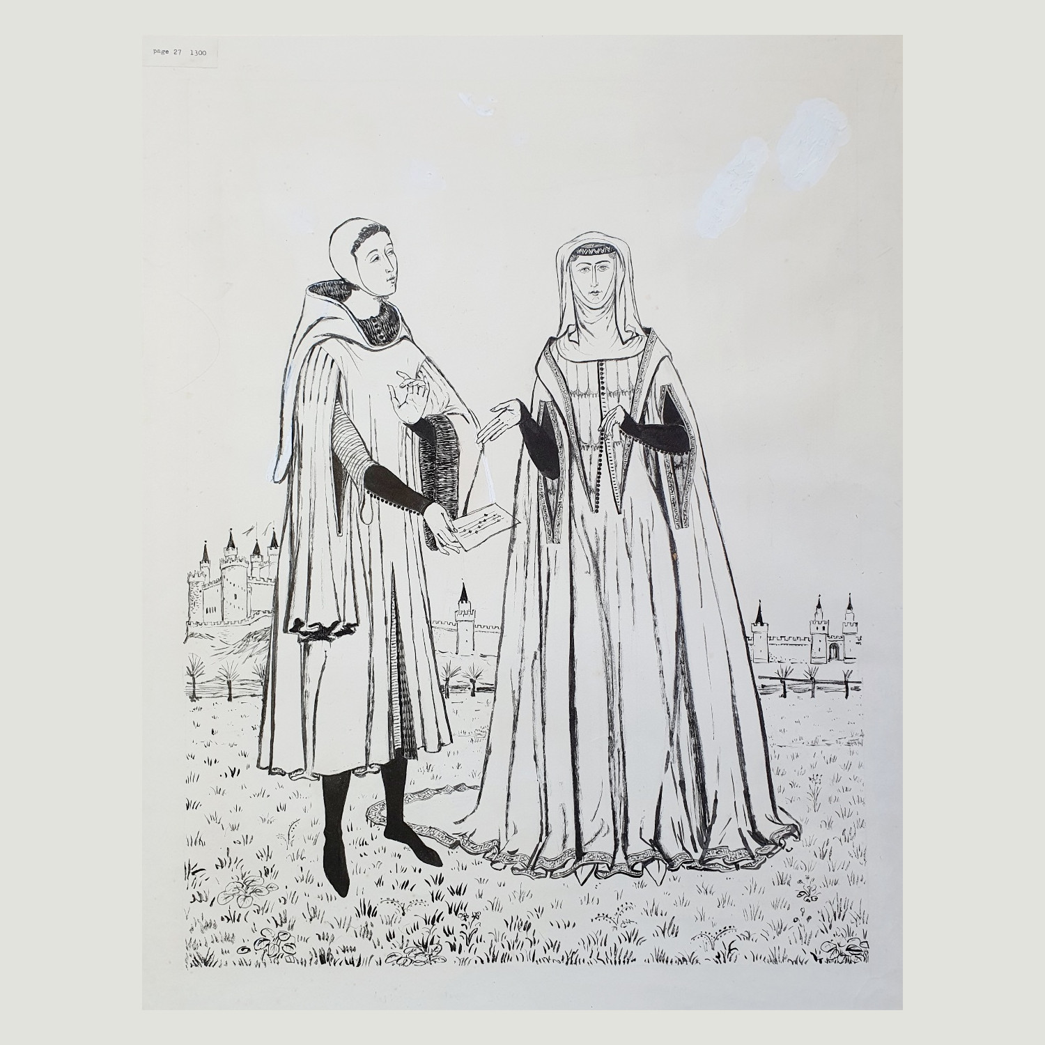 Original drawing by Margot Hamilton Hill depicting fashions from the reign of Edward I, 1300