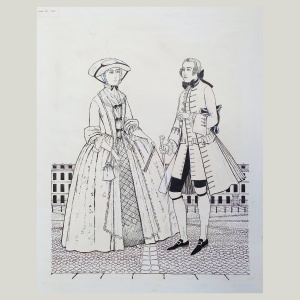Original drawing by Margot Hamilton Hill depicting fashions from the reign of George II, 1740