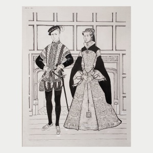 Original drawing by Margot Hamilton Hill depicting fashions from the reign of Edward VI, 1550